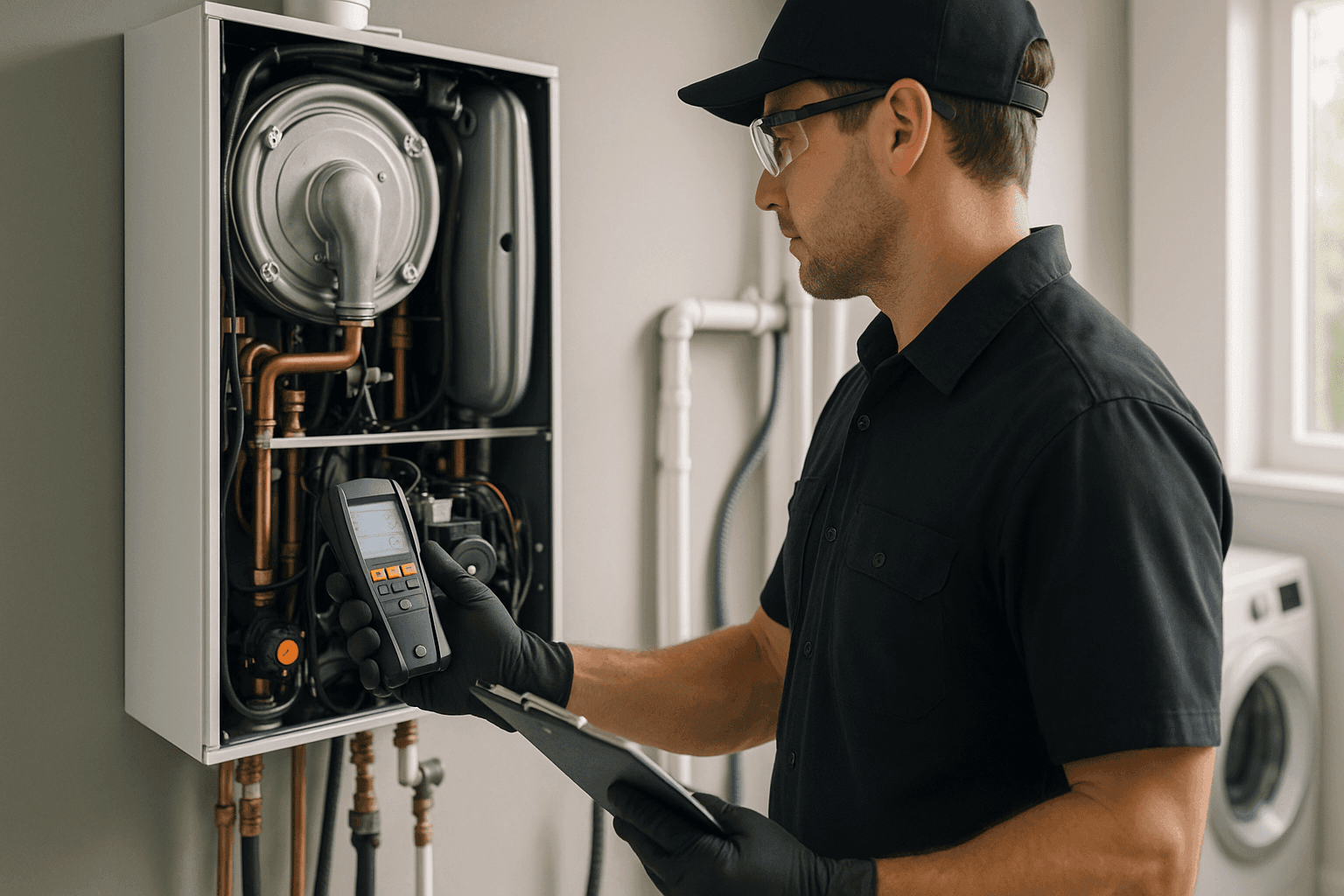 Technician inspecting residential boiler with tool and clipboard
