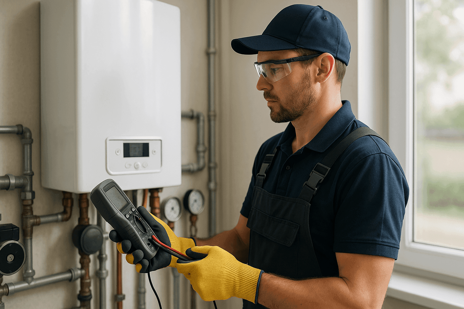 Plumber inspecting residential boiler system with diagnostic tools