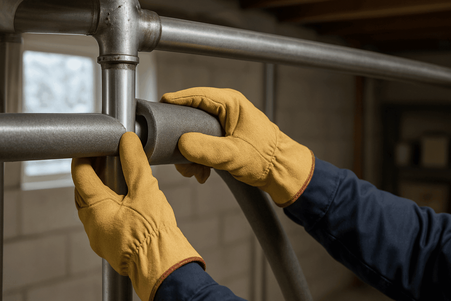 Homeowner insulating exposed basement pipes to prevent freezing