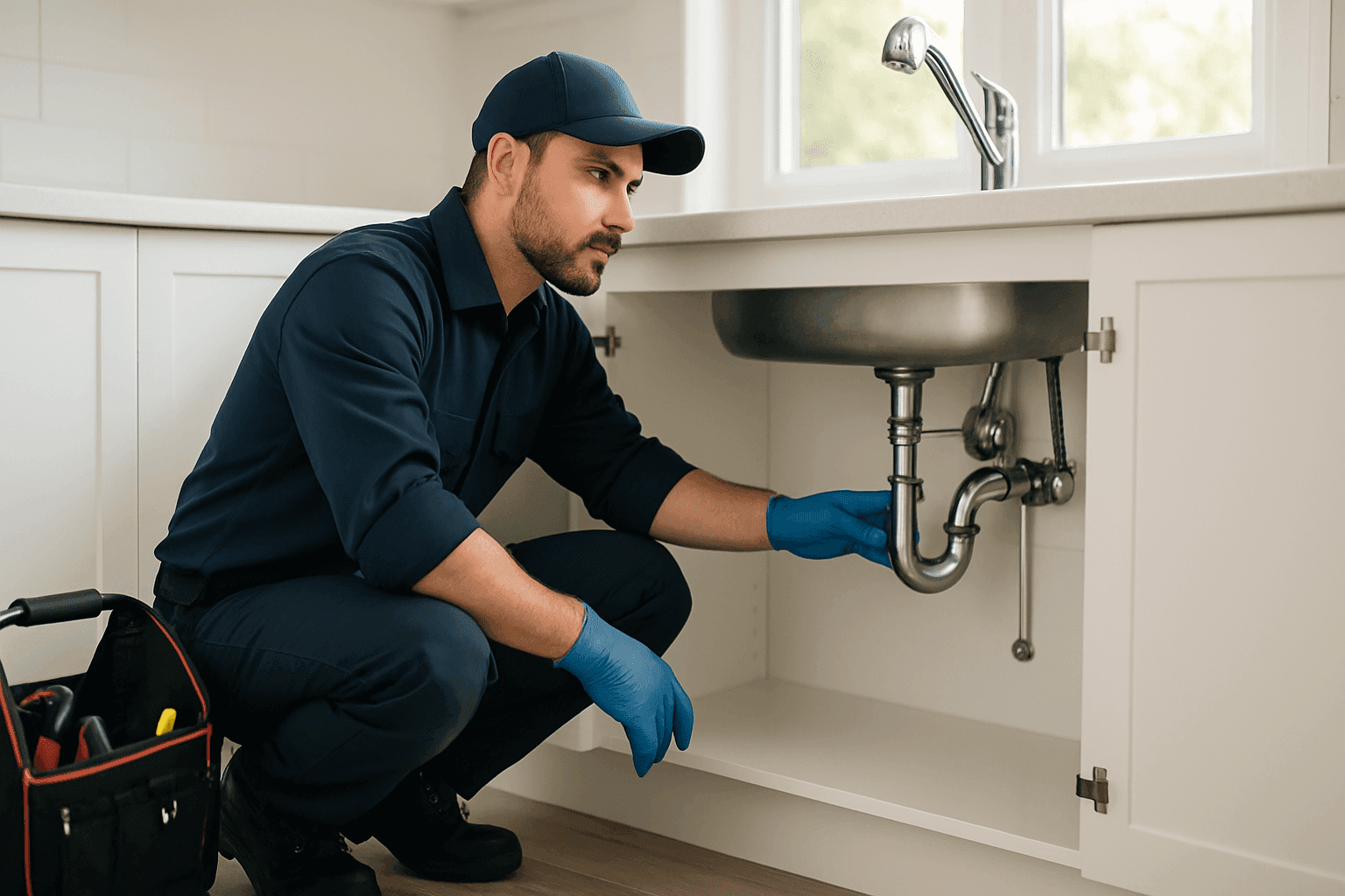 Plumber performing routine inspection on pipes under kitchen sink