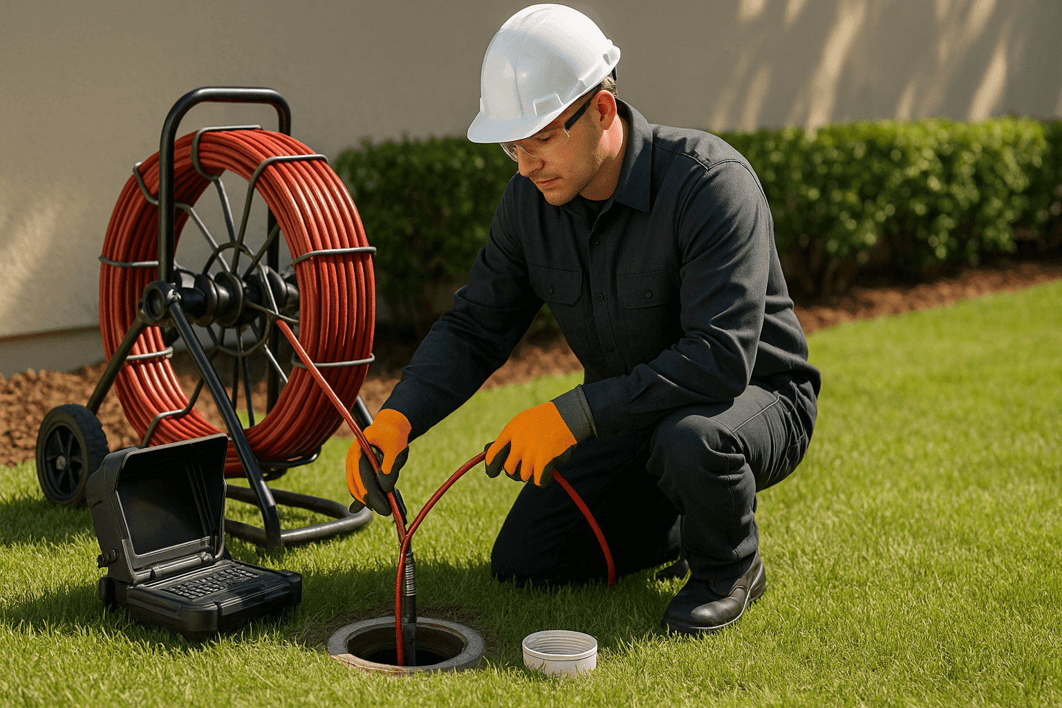 Technician using sewer camera to inspect underground pipeline outdoors