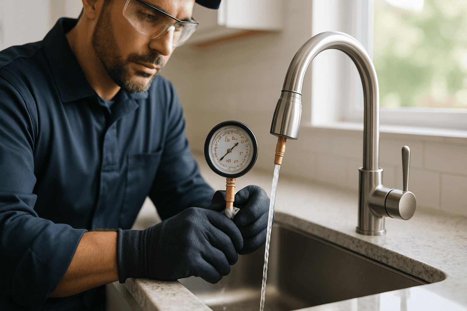 Plumber checking water pressure gauge on residential kitchen faucet