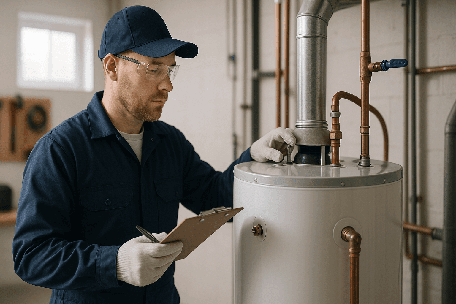 Plumber inspecting water heater tank in residential utility room